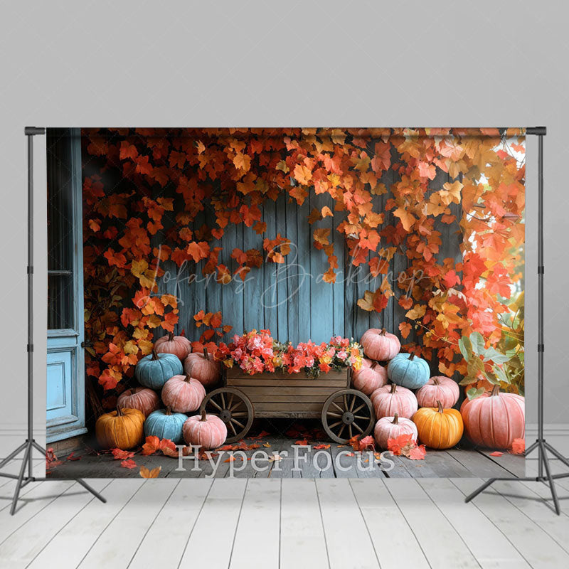 Lofaris Retro Blue Porch Maple Leaves Autumn Photo Backdrop