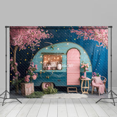 Lofaris Retro Blue Rv Pink Floral Wedding Room Set Backdrop