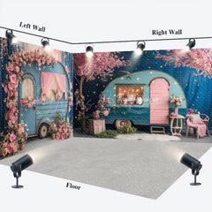 Lofaris Retro Blue Rv Pink Floral Wedding Room Set Backdrop