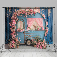 Lofaris Retro Blue Rv Pink Floral Wedding Room Set Backdrop