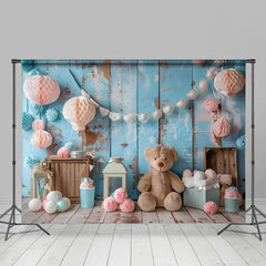 Lofaris Retro Blue Wall Paper Ball Bear Cake Smash Backdrop