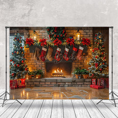 Lofaris Retro Brick Fireplace Candlelight Christmas Backdrop