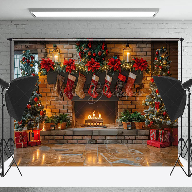 Lofaris Retro Brick Fireplace Candlelight Christmas Backdrop