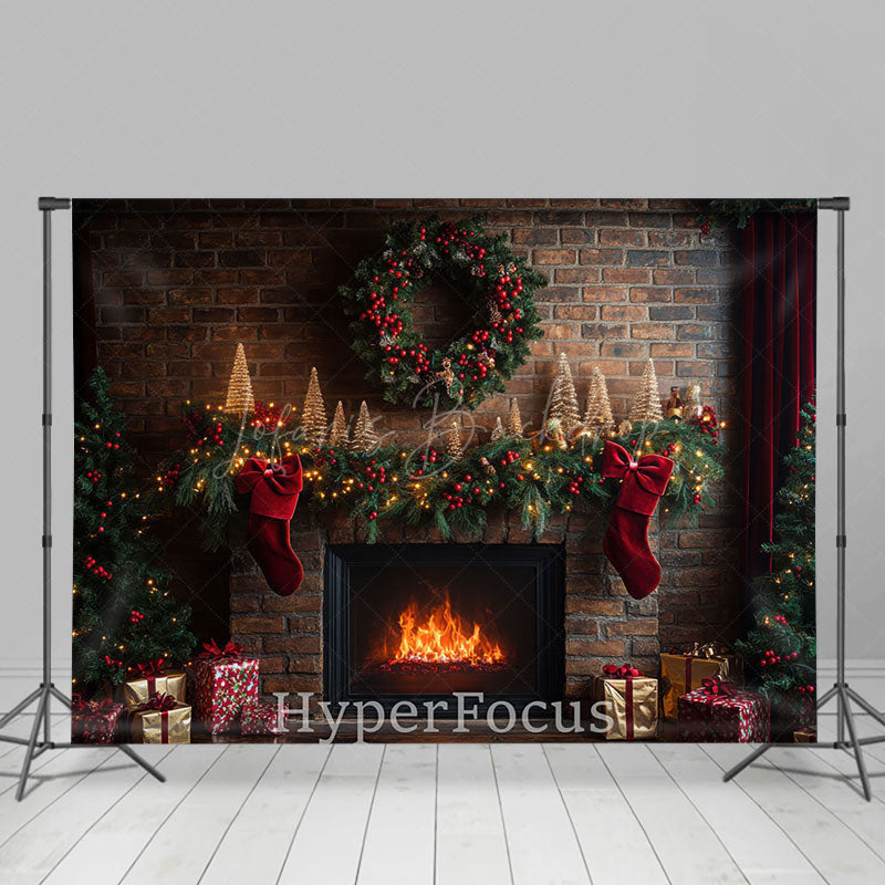 Lofaris Retro Brick Wall Fireplace Wreath Christmas Backdrop