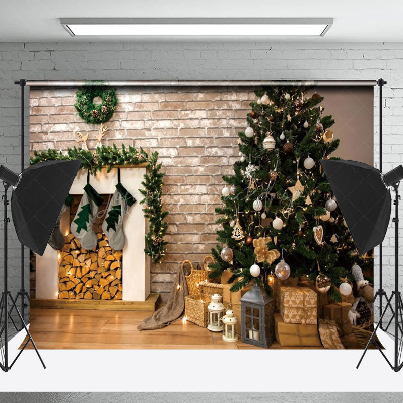 Lofaris Retro Brick Wall Tree Fireplace Christmas Backdrop