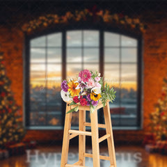 Lofaris Retro Brick Wall Window Xmas Tree Christmas Backdrop