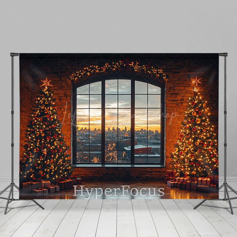 Lofaris Retro Brick Wall Window Xmas Tree Christmas Backdrop