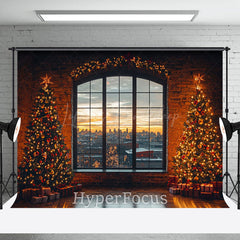 Lofaris Retro Brick Wall Window Xmas Tree Christmas Backdrop