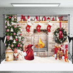 Lofaris Retro Bricks Fireplace Christmas Vibe Room Backdrop