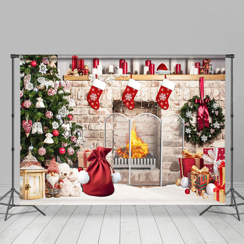 Lofaris Retro Bricks Fireplace Christmas Vibe Room Backdrop