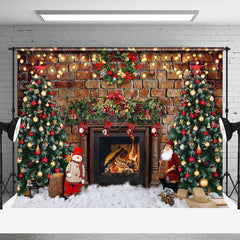 Lofaris Retro Bricks Wall Fireplace Trees Christmas Backdrop