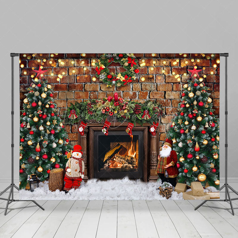 Lofaris Retro Bricks Wall Fireplace Trees Christmas Backdrop