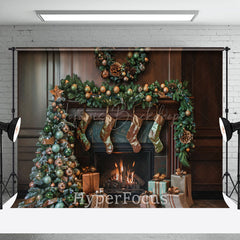 Lofaris Retro Brown Fireplace Tree Gifts Christmas Backdrop