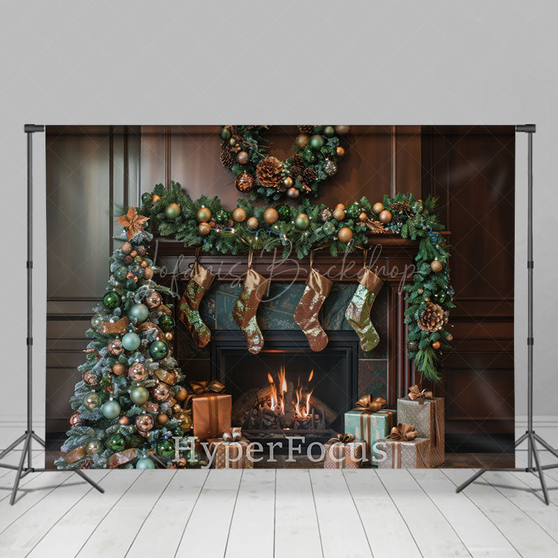 Lofaris Retro Brown Fireplace Tree Gifts Christmas Backdrop