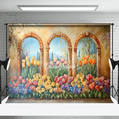 Lofaris Retro Brown Window Colorful Floral Scene Backdrop