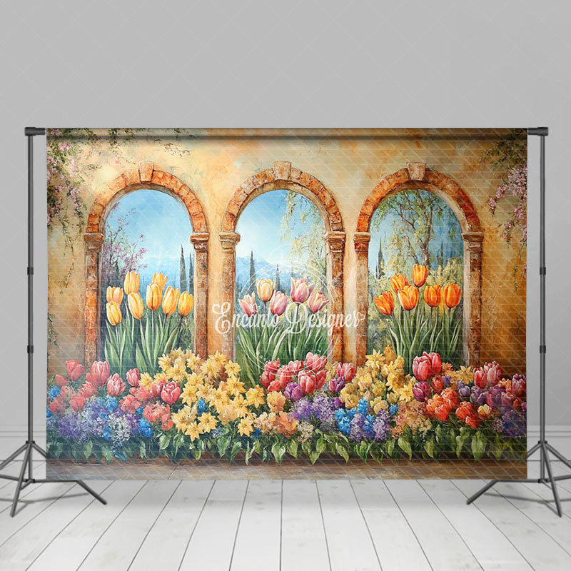 Lofaris Retro Brown Window Colorful Floral Scene Backdrop