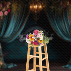 Lofaris Retro Dark Teal Curtain Floral Wedding Photo Backdrop