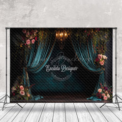 Lofaris Retro Dark Teal Curtain Floral Wedding Photo Backdrop