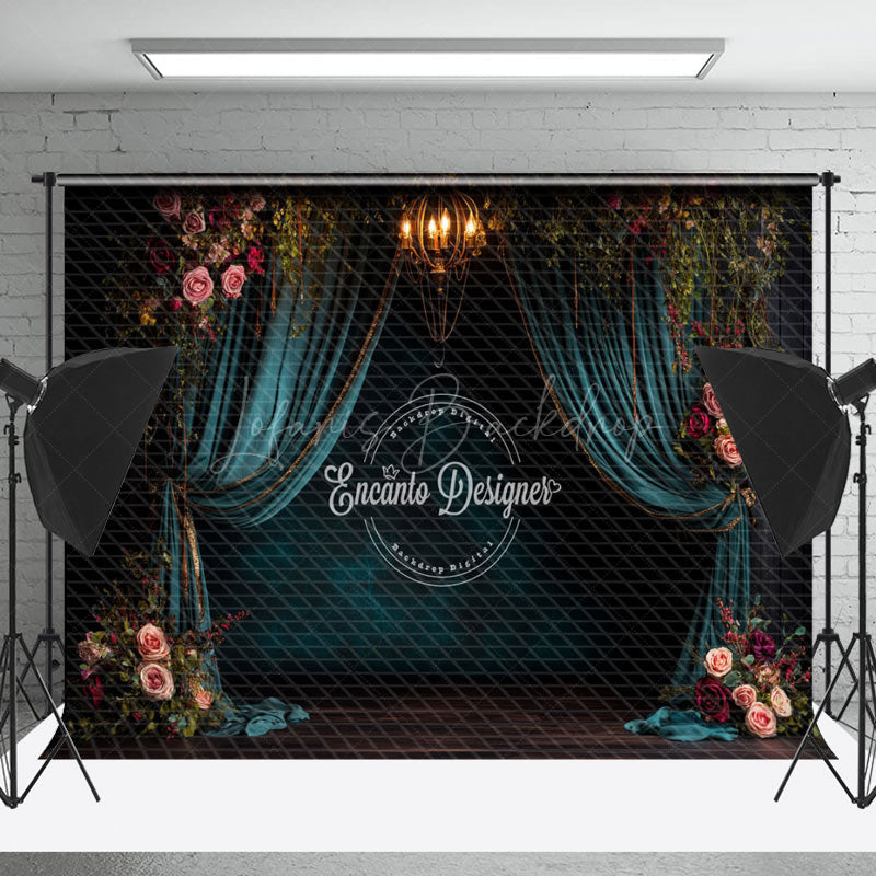 Lofaris Retro Dark Teal Curtain Floral Wedding Photo Backdrop