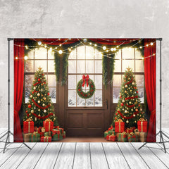 Lofaris Retro Door Snowy Forest Scene Christmas Backdrop