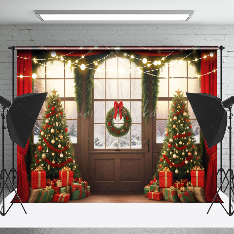 Lofaris Retro Door Snowy Forest Scene Christmas Backdrop