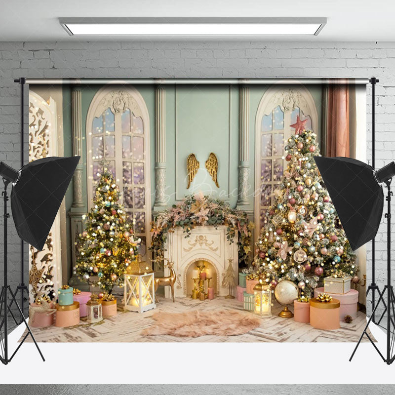 Lofaris Retro Fireplace Green Wall Gold Christmas Backdrop