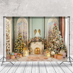 Lofaris Retro Fireplace Green Wall Gold Christmas Backdrop