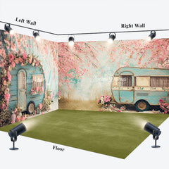 Lofaris Retro Green Motorhome Pink Floral Room Set Backdrop