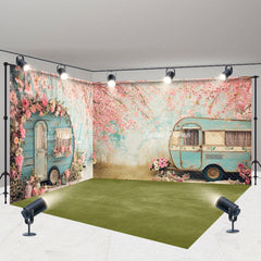 Lofaris Retro Green Motorhome Pink Floral Room Set Backdrop