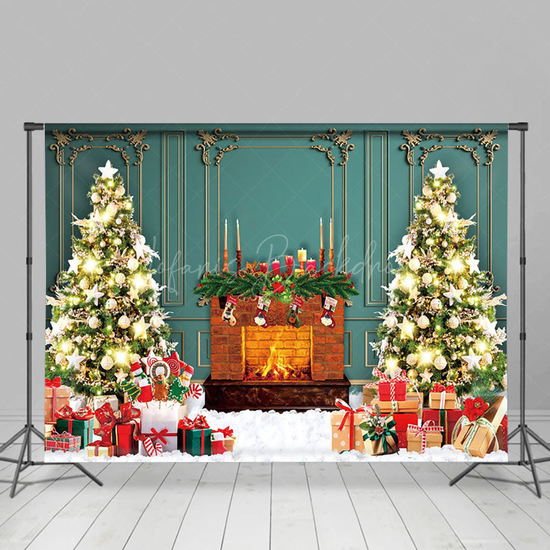 Lofaris Retro Green Wall Fireplace Tree Christmas Backdrop