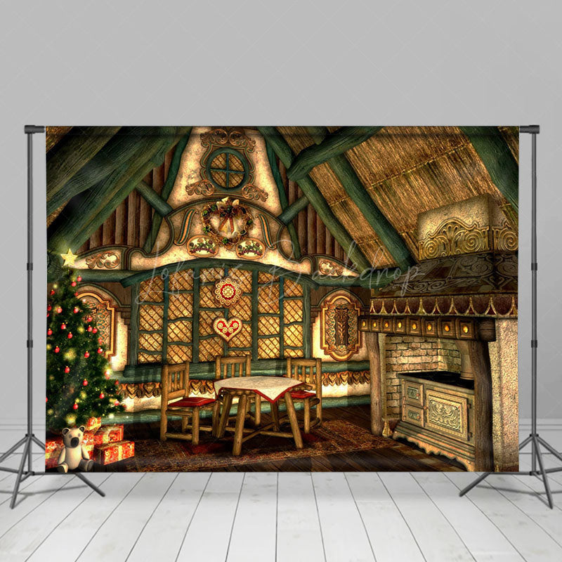 Lofaris Retro Green Wooden House Christmas Vibe Backdrop