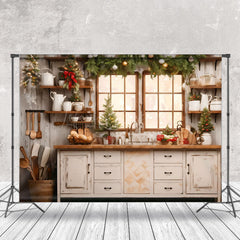 Lofaris Retro Kitchen Pine Leaves Merry Chritsmas Backdrop