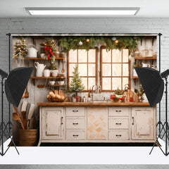 Lofaris Retro Kitchen Pine Leaves Merry Chritsmas Backdrop