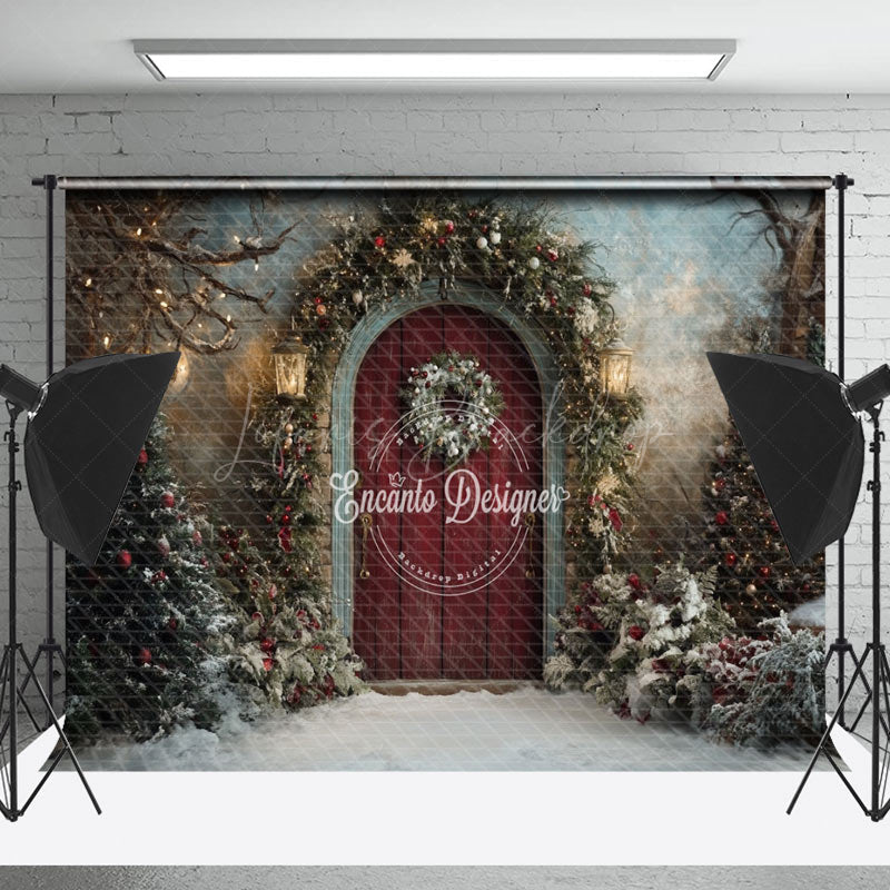 Lofaris Retro Red Door Snowy Trees Christmas Photo Backdrop