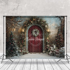 Lofaris Retro Red Door Snowy Trees Christmas Photo Backdrop