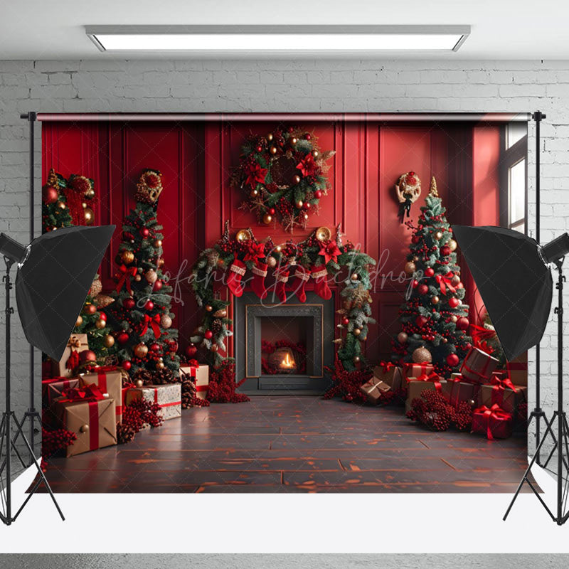 Lofaris Retro Red Room Fireplace Festive Christmas Backdrop