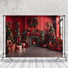 Lofaris Retro Red Room Fireplace Festive Christmas Backdrop