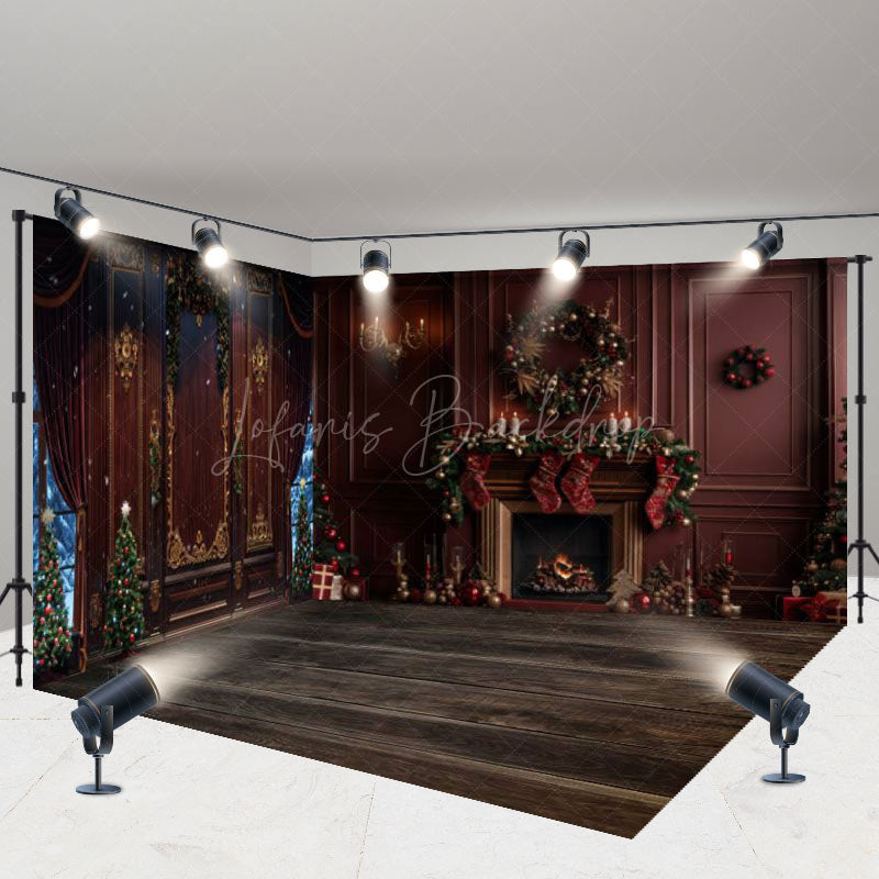 Lofaris Retro Red Wall Fireplace Christmas Room Set Backdrop