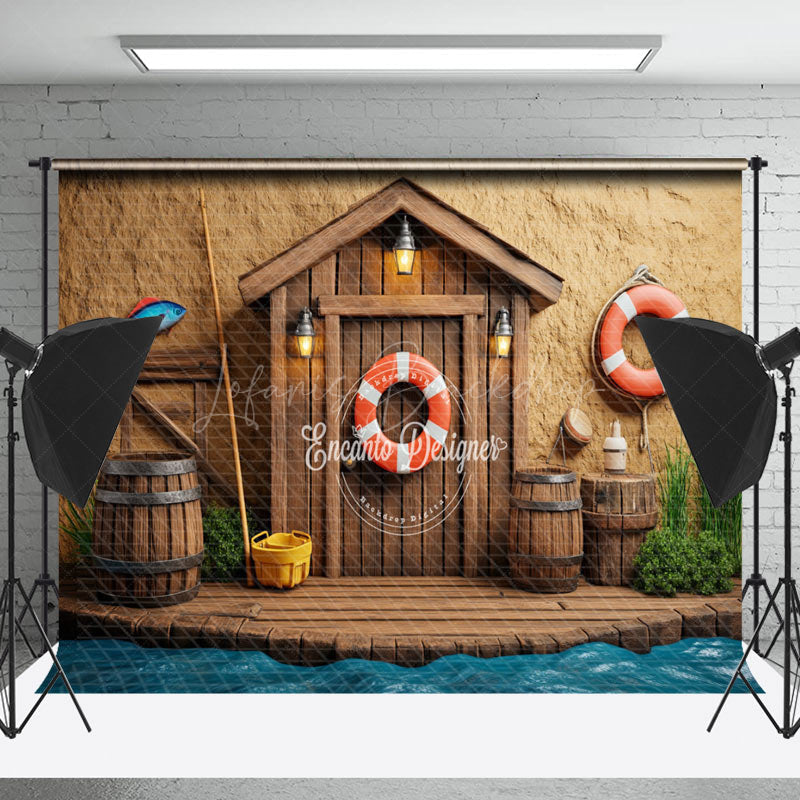 Lofaris Retro Riverside Cabin Fishing Cake Smash Backdrop