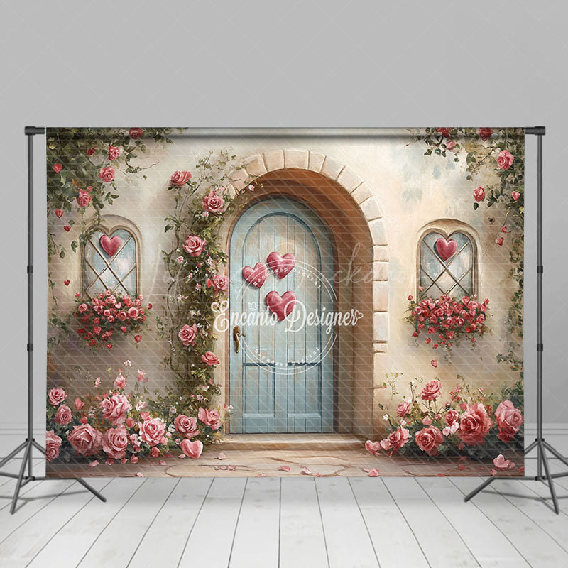 Lofaris Retro Rural House Pink Rose Valentines Day Backdrop