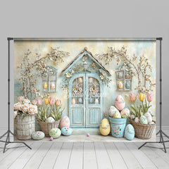 Lofaris Retro Rustic Door Floral Eggs Easter Photo Backdrop