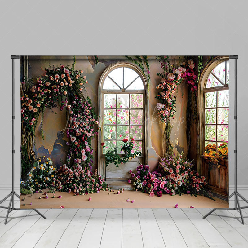 Lofaris Retro Shabby Wall Window Floral Photography Backdrop