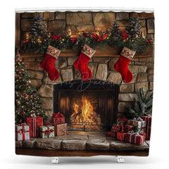 Lofaris Retro Stone Wall Fireplace Christmas Shower Curtain