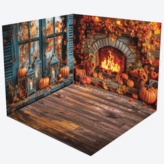 Lofaris Retro Teal Window Fireplace Autumn Room Set Backdrop