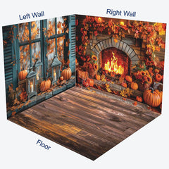 Lofaris Retro Teal Window Fireplace Autumn Room Set Backdrop