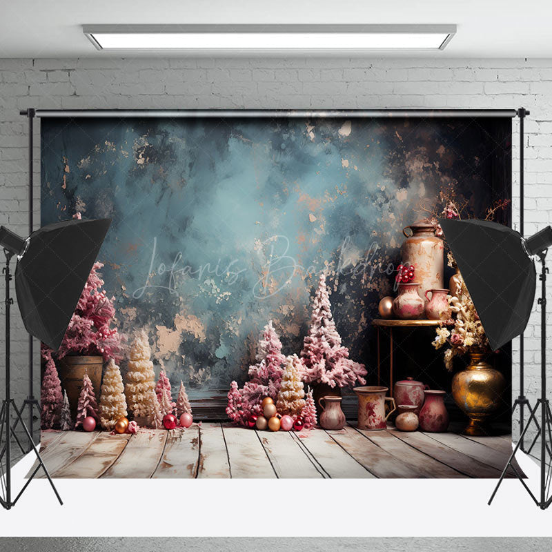 Lofaris Retro Wall Pink Xmas Trees Bells Christmas Backdrop