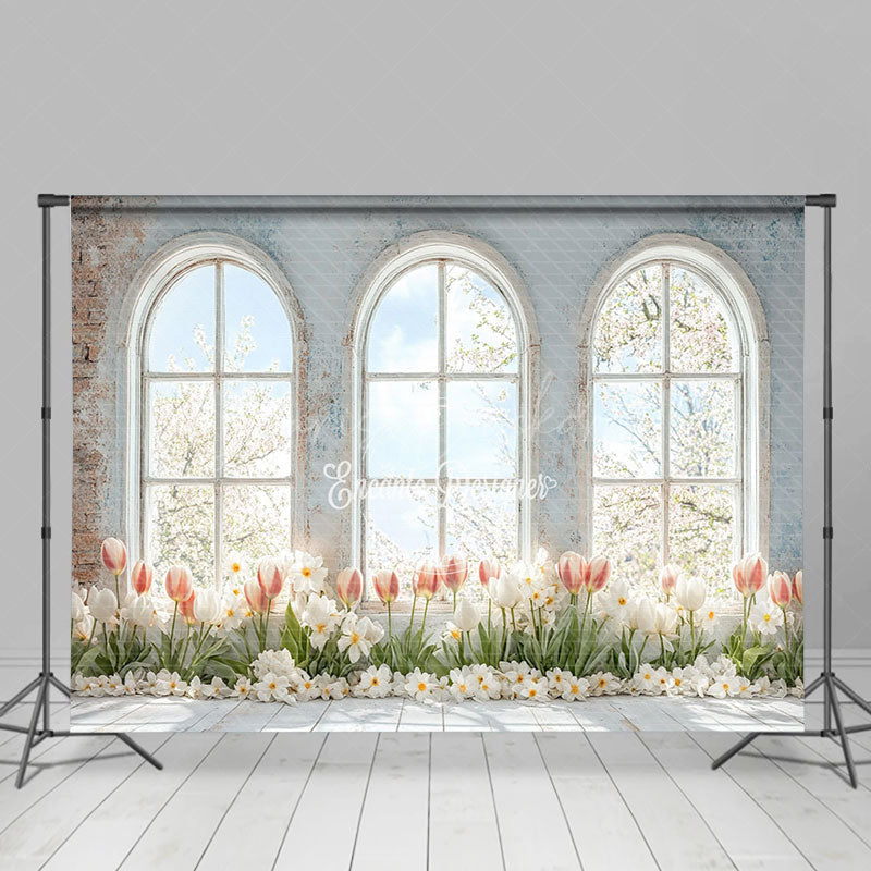 Lofaris Retro White Brick Wall Window Floral Spring Backdrop