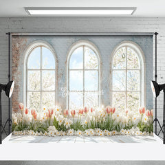 Lofaris Retro White Brick Wall Window Floral Spring Backdrop