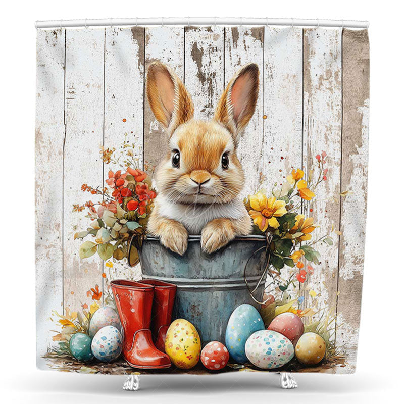 Lofaris Retro Wood Bunny Floral Egg Easter Shower Curtain