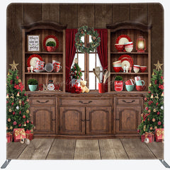 Lofaris Retro Wood Cupboard Christmas Tension Fabric Backdrop